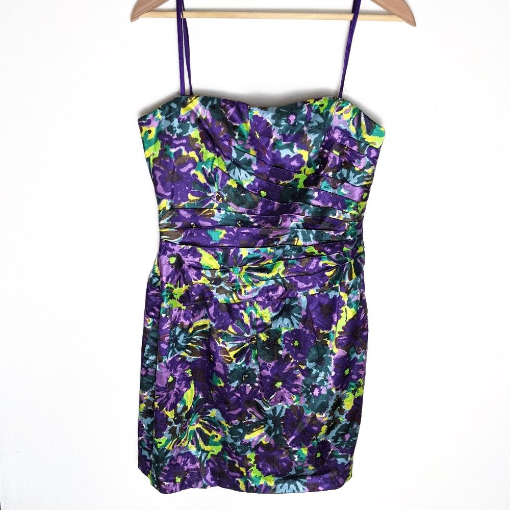 BCBGMaxAzria Purple and Green Strapless Floral Cocktail Dress